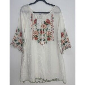 Chic Connection Dress Womens White Embroidered Floral Tunic Boho Sz S